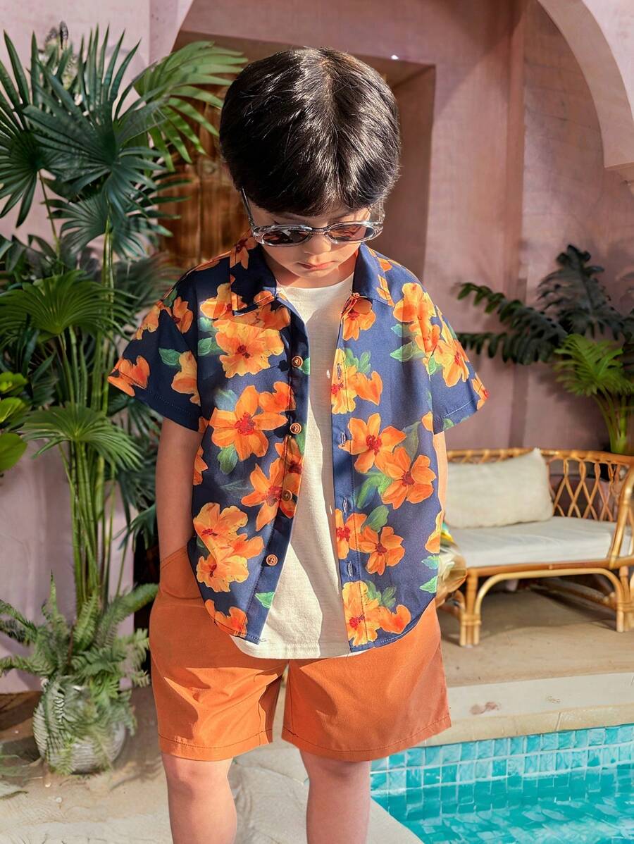SHEIN 2pcs/Set Young Boys Hawaiian Flower Print Shirt & Shorts Set, Comfortable, Breathable, Cool & Moisture Wicking, Suitable For Spring/Summer, Daily, Sports, Outdoor, School, Party, Holiday, Photo Shooting, Back To School