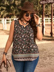 EMERY ROSE Plus Size Vacation Casual Ditsy Floral Notched Tank Top Summer Concert Women West Country
