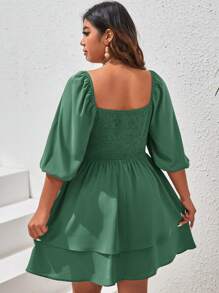 SHEIN VCAY 大码纯色甜心领短袖休闲迷你连衣裙 - 綠色 - 查看 2