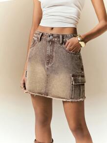 Poéselle Women's Front Button Pocket Simple Frayed Hem Casual Denim Mini Skirt
