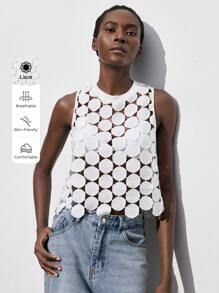 Maija Water-Soluble Embroidery Comfortable And Breathable Round Polka Dot Top Vacation Outfits Woman Hollow Out Top - White - View 3