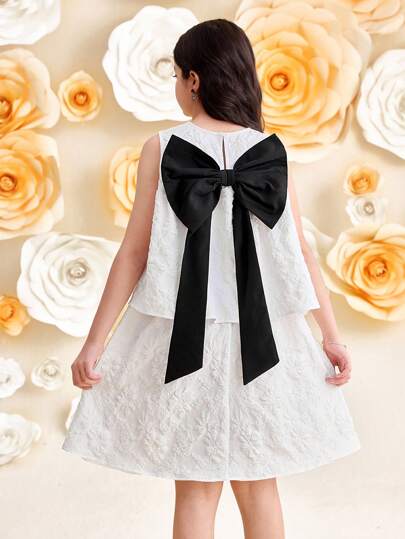 SHEIN Leap Crew 青少年女孩两件套服装：优雅露背蝴蝶结宽松无袖上衣和裙子套装