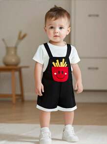 SHEIN Casual Sports Cute & French Fries Pattern Drop Shoulder Loose Knitted Romper Suitable For Baby Boys And Baby Girls, Spring/Summer Wear, Indoor And Outdoor