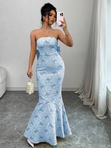 Elenzga Vestido de cola de pez con espalda de mariposa, textura en relieve con diseño floral, sin tirantes