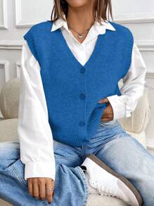 Chiquease 女士纯色前扣休闲宽松背心开衫 - 寶藍色 - 查看 7