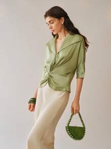 Uhlyne Fashionable Woven Twill Lapel Twist Detail Elegant Ladies Blouse - Mint Green - View 2