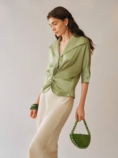 Uhlyne Fashionable Woven Twill Lapel Twist Detail Elegant Ladies Blouse