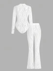 Opulessa Solid Color Knit Lace Slim Fit Long Sleeve Bodysuit & Pants 2pcs Women Set