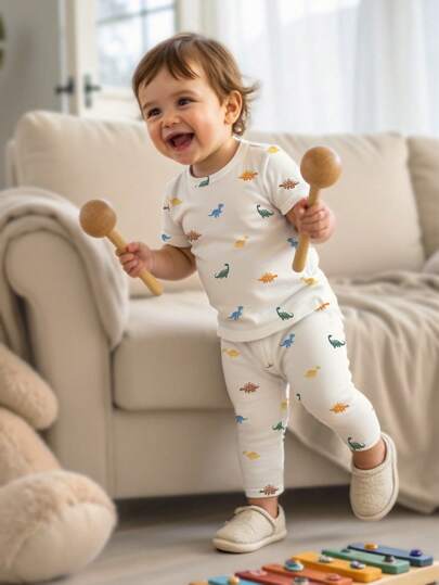 SHEIN Áo thun tay ngắn cổ tròn thoải mái, đơn giản, nhiều màu sắc, dễ thương in hình khủng long, quần dài mặc ở nhà cho bé trai, mùa xuân/hè