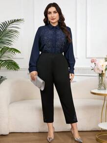 Mulvari Pantalones informales para mujer talla grande con estampado floral y dobladillo con abertura