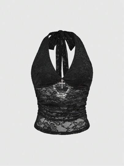 Goth Top a canotta gotico da donna con decorazione a croce e pizzo