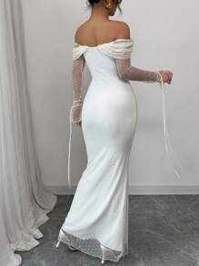 INAWLY 白色露肩紧身性感网眼波尔卡圆点长袖美人鱼连衣裙 - 白色 - 查看 2