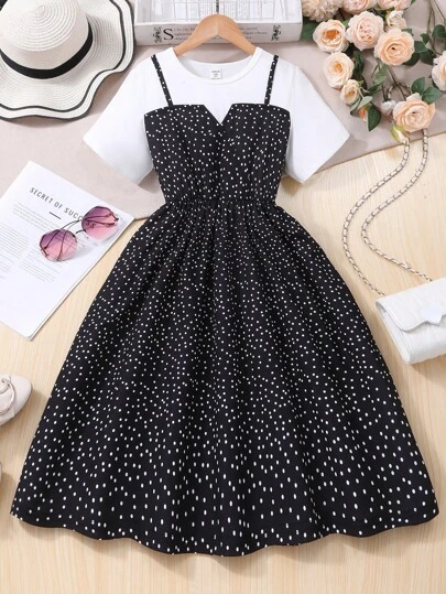 Sparklyn 青少年女孩休闲波尔卡圆点肩带拼布短袖连衣裙，夏季