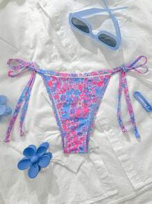 Swim Mod Women Summer Beachwear Random Floral Print Side Tie Ruffle Trim Bikini Bottom - Multicolor - View 1