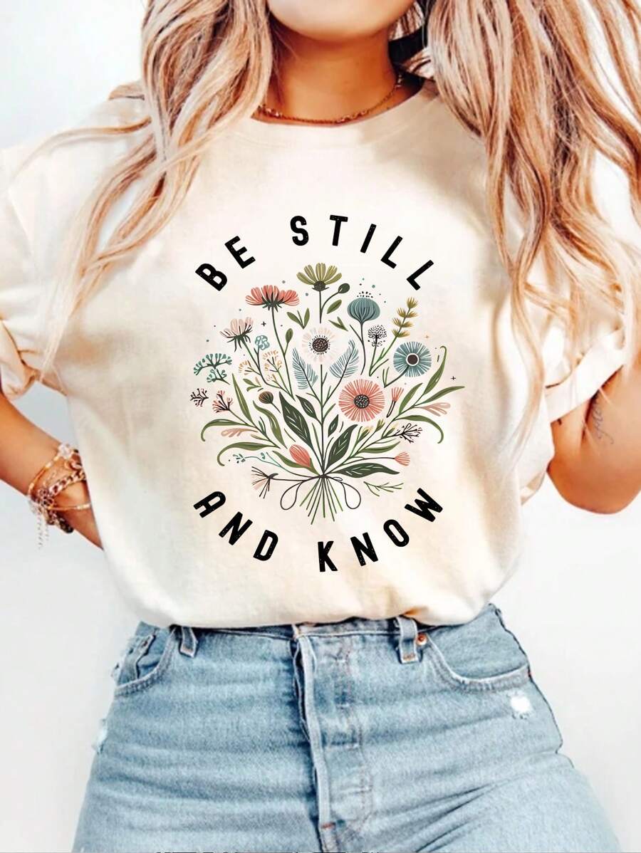 INAWLY Women's Floral Slogan Graphic Round Neck Short Sleeve T-Shirt - Apricot - View 1