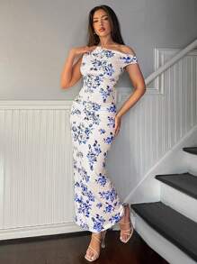 Firerie Women's Spring Floral Print Elegant Romantic Fashion Commuter Sexy Graceful Style Dress, Suitable For Party, Vacation, Romantic Date And Wedding Birthday Valentine's Day, Blue Floral Bodycon Dress, Asymmetrical Neck Ruched Bodycon Dress, Summer