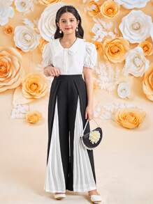 SHEIN Pantalones negro sólido con parches y blanco plisado para niña preadolescente, pantalones casuales y elegantes negros, temporada de vuelta al colegio