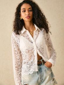 Poéselle Blusa de encaje de manga larga de moda sencilla casual para mujer, atuendos casuales para vacaciones, vacaciones de primavera, estilo bohemio, vacaciones, atuendos de playa para mujer, atuendos de verano para mujer, blusas de salida para mujer