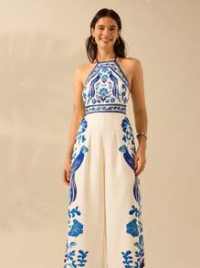 CAJUNI Women's Boho Ginkgo Leaf, Parrot, Blue & White Printed Halter Backless Tie Front Wide Leg Jumpsuit, Casual Summer Beach Wear