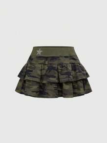 ROMWE J-Fashion 女士 2 件套迷彩星星短款上衣和迷你裙 - 軍綠色 - 查看 4