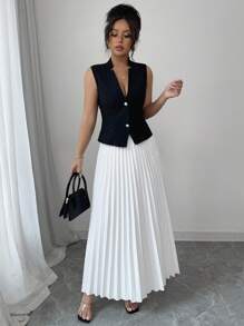 Chiquease 2-teiliges Damen Set: Einreihige Kragen Weste und plissierter Rock