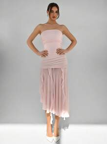 Aloruh Women Elegant Solid Color Asymmetric Hem Bandeau Dress - Pink - View 1