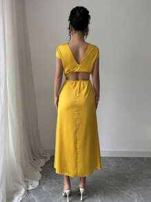SHEIN Unity Gaun Elegan dengan Belahan Silang di Belakang dan Leher, Potongan Ramping untuk Wanita, Musim Semi/Panas - Kuning - View 3