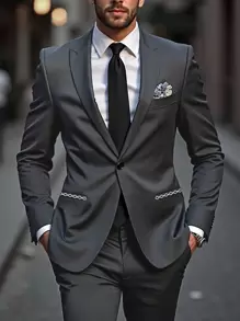 Manfinity Mode Men's Lapel Neck Long Sleeve Jacket & Pants Casual Business Suit Set Wedding Outfit For Men Men Wedding Suit Nice Suit For Men Wedding Suit For Men - Dark Grey - View 5