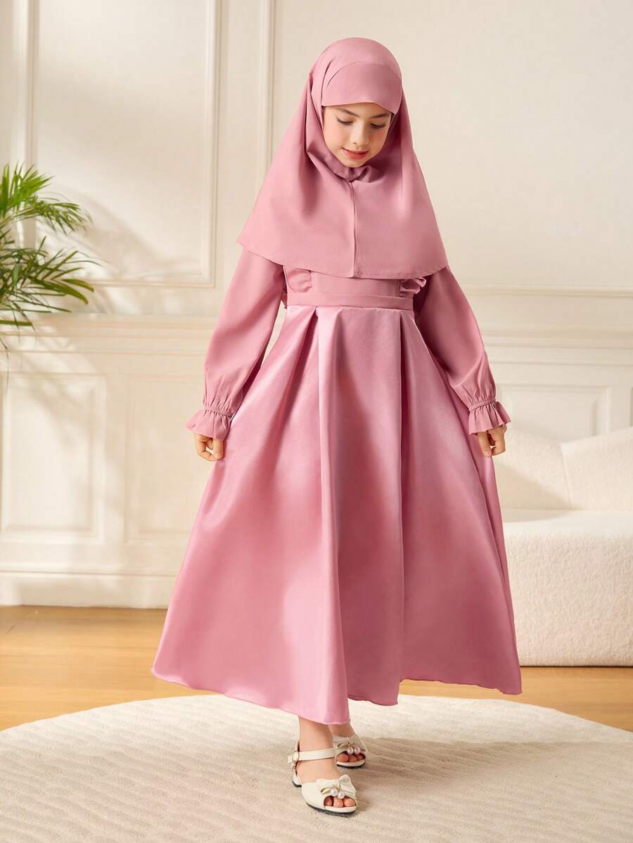 Tween Girls Grey & Pink Ruffle Hem Long Sleeve Dress - Pink - View 1