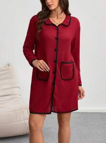 Two-Tone Waffle Knit Women's Bathrobe - Burgundy - View 5