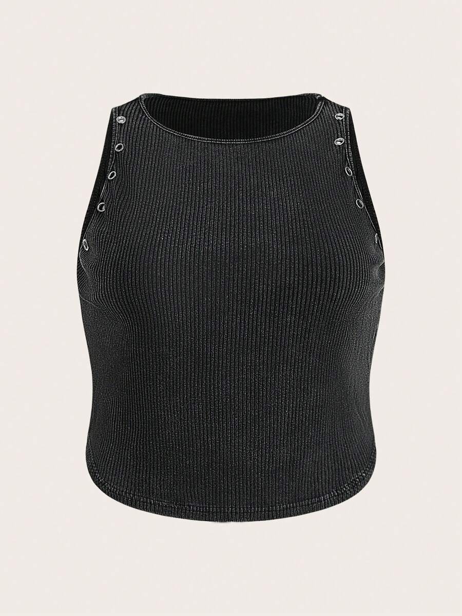 SHEIN EZwear Plus Size Black Acid-Washed Suspender Top, Street Style For Spring/Summer - Black - View 1