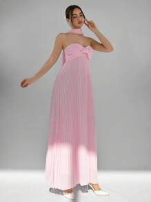 Aloruh Nuevo vestido plisado sin tirantes, vestido romántico de color rosa sólido fluido hasta los tobillos para vacaciones, citas, fiestas