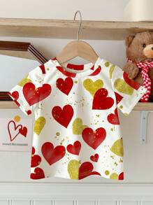 SHEIN Vintage Hand-Painted Heart Print, Young Girl Casual Simple Round Neck Short Sleeve T-Shirt, Suitable For Summer