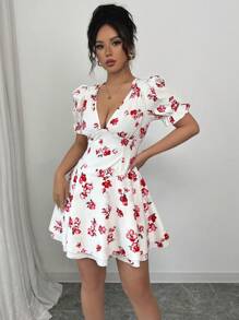 INAWLY Weißes V-Ausschnitt Bubble Kurzarm kurzes Kleid mit Blume Muster - Weiss - Übersicht 5