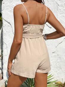 SHEIN Maternity Solid Color Button Design Pocket Casual Strap Romper - Khaki - View 2