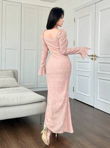 Modelyn Off Shoulder Jacquard Knit Ruched Flare Sleeve Fish Tail Hem Long Dress For Women - Pink - View 4