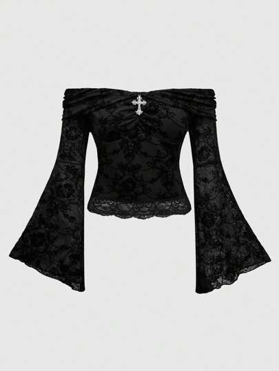 Goth Blusa de talla grande para mujer con estilo vintage de palacio, de lujo, con encaje, hombros descubiertos, colgante cruzado, mangas acampanadas y bajo asimétrico