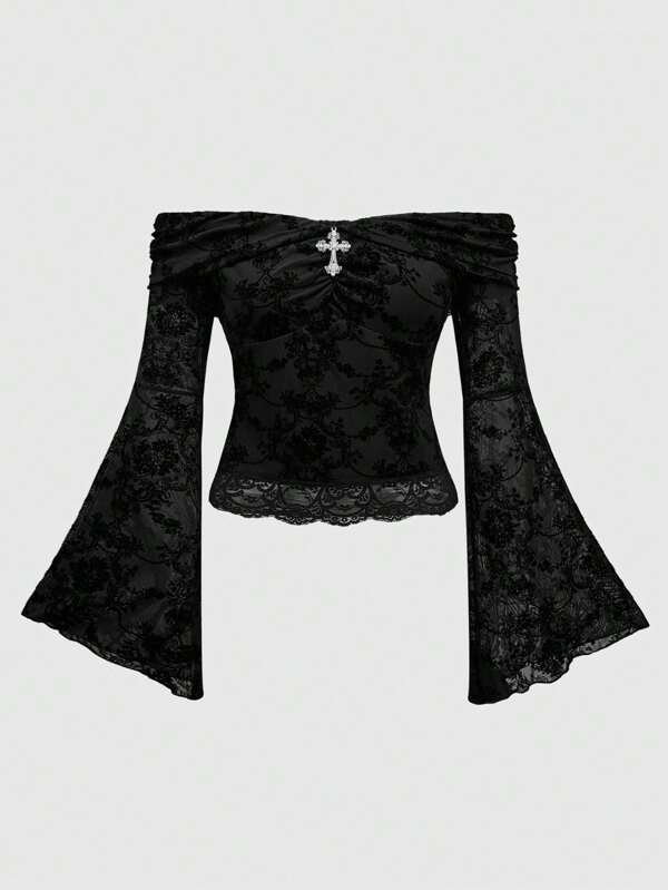 ROMWE Goth Plus Size Women Vintage Palace Style Luxury Lace Off Shoulder Cross Pendant Flare Sleeve Asymmetrical Hem Blouse