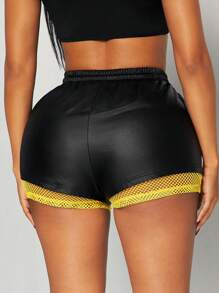 SHEIN SXY Black & Yellow Color Block Casual Street Sporty Super Short Shorts, Sports Shorts, Tennis Shorts, Running Pants, Versatile Bottom Wear For Spring & Summer