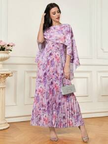 Modelyn Women Floral Print Shawl Collar Mid-Length Pleated Hem Elegant Midi Dress - Multicolor - View 4