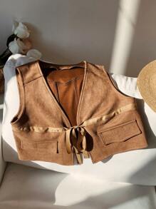 SHEIN EZwear Veste de gilet casual pour femmes avec décoration de nœud en couleur unie