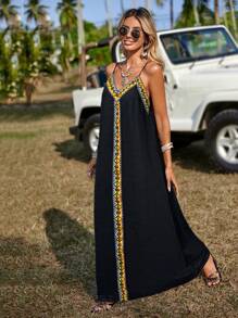 SHEIN LUNE 女士拼布缎带长款休闲吊带连衣裙