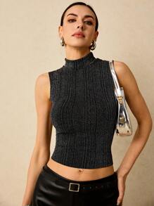 SHEIN Frenchy 小高領金屬亮絲背心上衣 - 黑色 - 查看 4