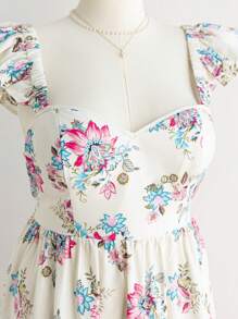 Dreamara Plus Size Women's Spring Retro Print Ruffled Cap Sleeve Sweetheart Neck A-Line Midi Dress, Vacation Style - Multicolor - View 8