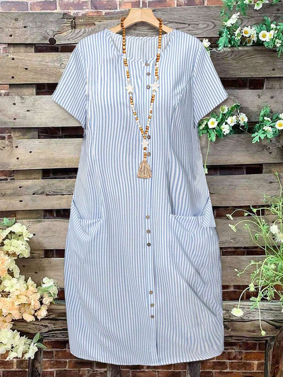 EMERY ROSE Plus Size Women Casual Striped Shift Dress, Suitable For Work And Commuting - Blue and White - View 1