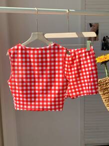 SHEIN EZwear Set de 2 piezas con camiseta de tirantes y pantalones cortos a cuadros, sexy y lindo