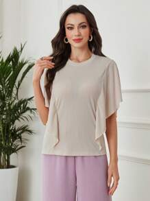 Seusyu Women's Solid Color Round Neck Short Sleeve Simple Casual Ribbed Ruffle Sleeve T-Shirt - Apricot - View 3