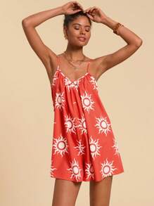 Travachic 女式宽松梭织连体裤，饰有烈日图案印花 - 紅色 - 查看 7