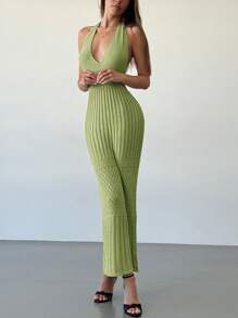 Aloruh New Crochet Deep V Sexy Backless Vacation/Casual/Party Versatile Knit Dress - Green - View 5
