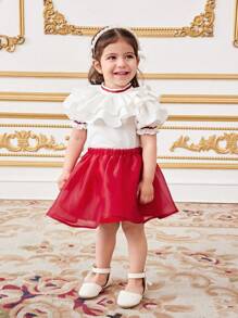 SHEIN Baby Girl Casual Ruffle Trim White Top & Red Mini Skirt 2 Pieces Set - Multicolor - View 3